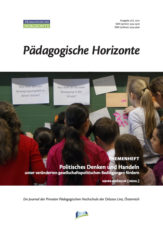 					Ansehen Bd. 5 Nr. 1 (2021): Themenheft »Politisches Denken und Handeln unter veränderten gesellschaftspolitischen Bedingungen fördern«
				